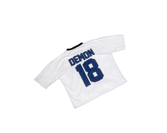 Boxy Crop White and Blue Dodge Graphic Jersey