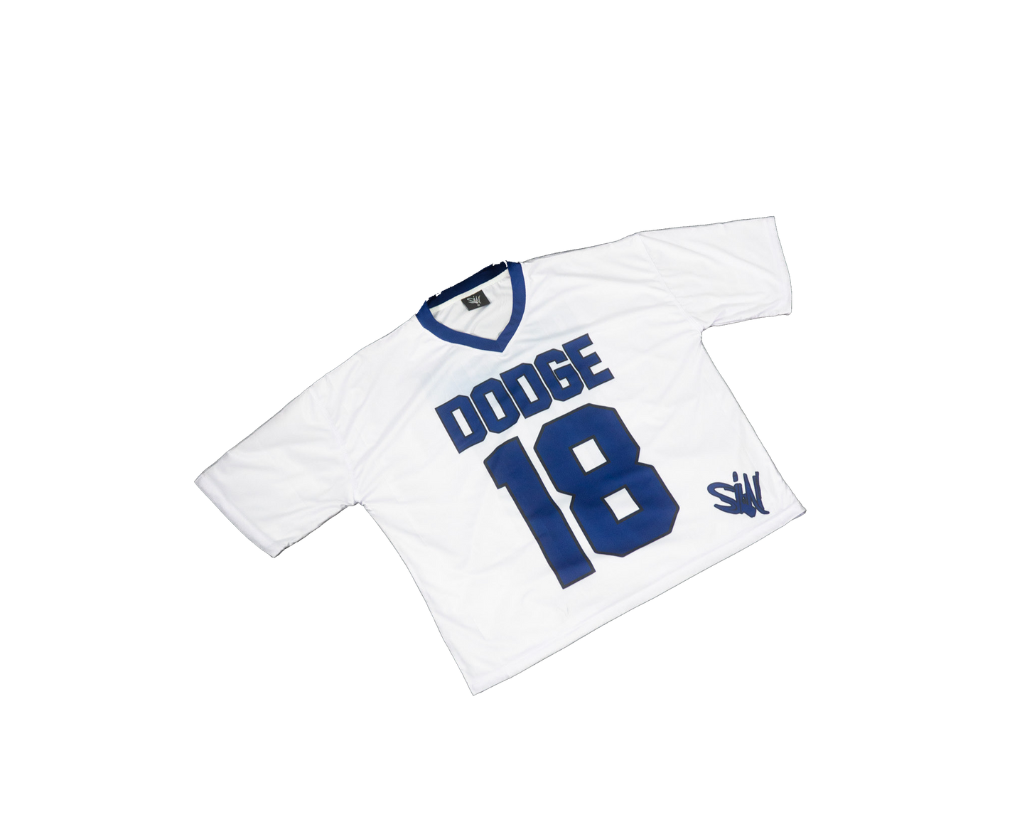 Boxy Crop White and Blue Dodge Graphic Jersey