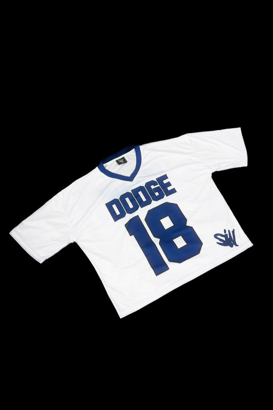 Boxy Crop White and Blue Dodge Graphic Jersey